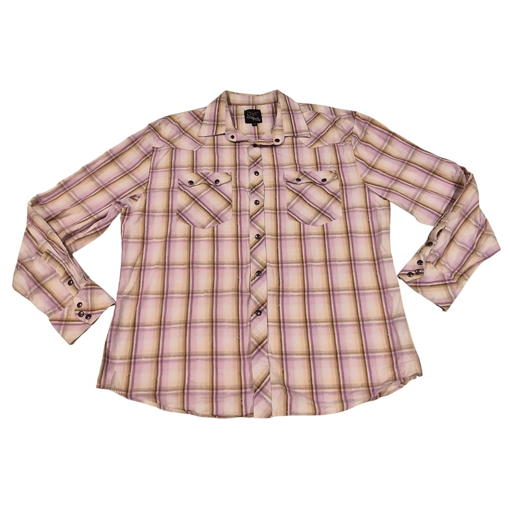 Dragonfly Edward Dada Mens XXL Western Pearl Snap Plaid Shirt Purple Tan Cotton
